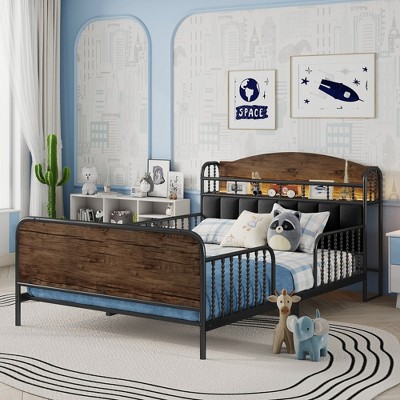 EMPIRE DIGLABS Twin Size Metal Platform Bed Frame with Storage & Upholstered Headboard, Black