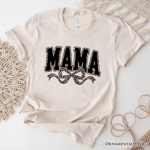 Coquette Leopard Mama T-Shirt, Retro Bow Varsity Tee for Trendy Moms| OrnamentallyYou - 1 of 4