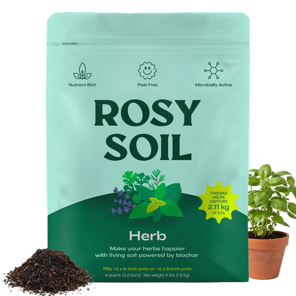 Rosy Soil 4qt Herb Mix Organic Potting Soil Blend for Indoor Plants: Enriched with Biochar, Worm Castings, Fast Draining, Peat Free