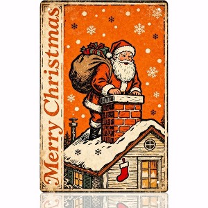 Lomsoe 8x12in Retro Santa Metal Tin Sign - Vintage Christmas Decor, Warm Tone Wall Art for Farmhouse, Fireplace, Office & Home - 1 of 4