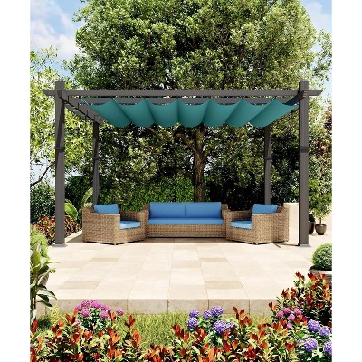 Retractable Aluminum Pergola – 10x10/10x13 Ft Wood-Grain Design, Adjustable Sunshade & Rust-Proof Frame for Patio/Backyard/Garden