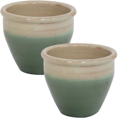 Sunnydaze Chalet Outdoor/Indoor High-Fired Glazed UV- and Frost-Resistant Ceramic Planter with Drainage Holes - 9" Diameter - Seafoam - 2-Pack