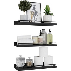 Attop Floating Shelves with Black Metal Guardrail, Shelves for Wall Decor Set of 3, Wall Shelves for Bedroom, Bathroom, Kitchen, Living Room - 1 of 4