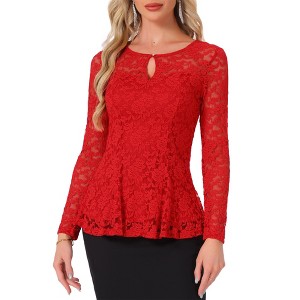 INSPIRE CHIC Women's Floral Lace Front Peplum Hem Keyhole Sheer Long Sleeve Blouse - 1 of 4