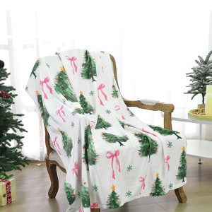 Pink Bow Christmas Tree Flannel Throw Blanket Pastel Soft Fuzzy Plush Cozy Fleece Blanket 50 x 60 Inch Coquette Bows - 1 of 4