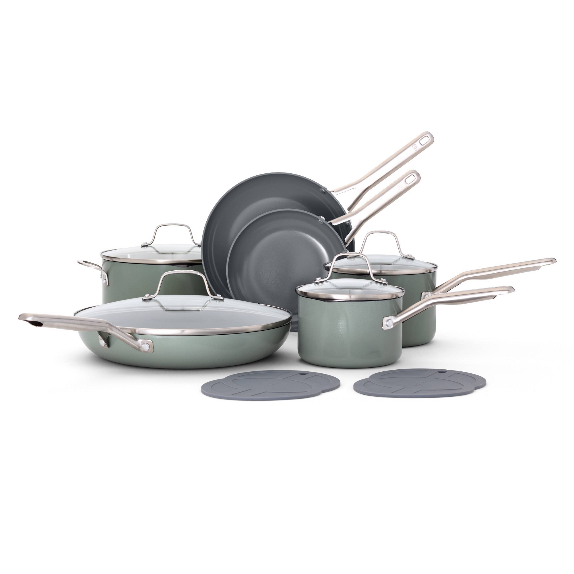 Calphalon 12pc Ceramic Cookware Set Silver Ash: Nonstick, Anodized Aluminum, Oven & Dishwasher Safe, Gas & Electric Compatible