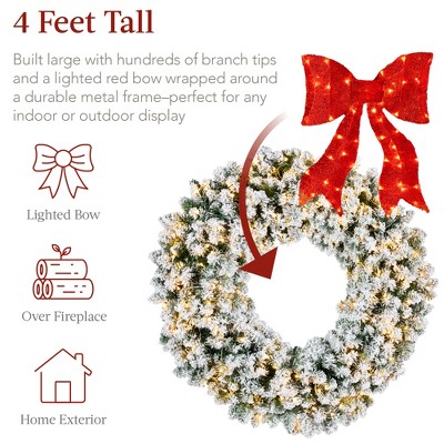 48-Inch Flocked Fir Christmas Wreath with Red Bow and LED Lights
