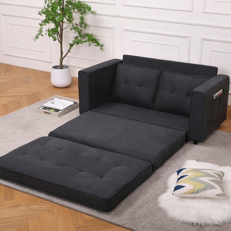 55" Pull Out Sleeper Sofa with 2 Storage Pockets, Linen Convertible Foldable Sofa Bed with 2 Back Cushions 4M - ModernLuxe, 3 of 9