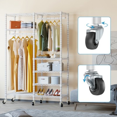 White Heavy Duty Rolling Garment Rack with Adjustable Shelves