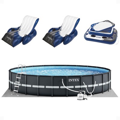 Intex Ultra XTR Frame Swimming Pool Above Ground 24' x 52" Round Pool Set with 2 Inflatable Floating Recliner Chairs and Mega Chill II Beverage Cooler