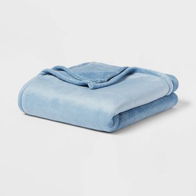 Twin/Twin XL Solid Plush Bed Blanket Light Blue - Room Essentials™: Cozy Knitted, Lightweight, OEKO-TEX Certified