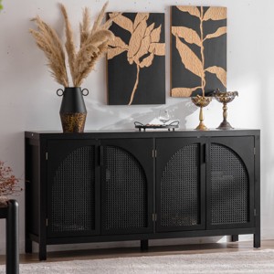 Arched Rattan Sideboard Buffet Cabinet with Adjustable Shelves,58'' Mid-Century Storage Credenza for Living Room,Entryway-Baofuwish - 1 of 4