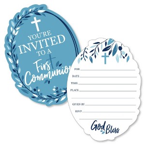 Big Dot of Happiness First Communion Blue Elegant Cross - Shaped Fill-in Invitations - Religious Party Invitation Cards with Envelopes - Set of 12 - 1 of 4