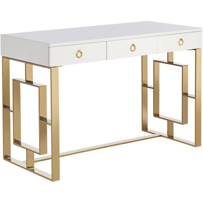 63 Modern Office Desk with Drawer Writing Desk with Abstract Design in  White & Gold