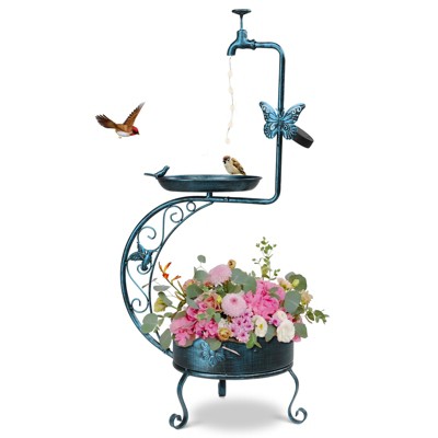 phiestina 36 inch Bird Baths for Outdoors, Vintage Metal Garden Bird Bath with Solar Lamp and Flower Planter Pedestal, Antique Blue