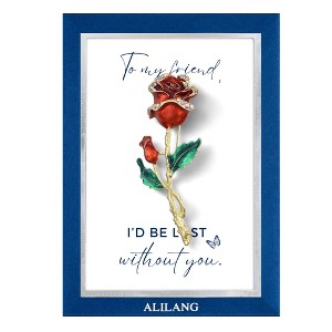 Anna-Kaci Red Rose Flower Enamel Gold Tone Stem Brooch Pin Clear Rhinestones with Family or Friend Gift Message Card & Envelope - 1 of 4