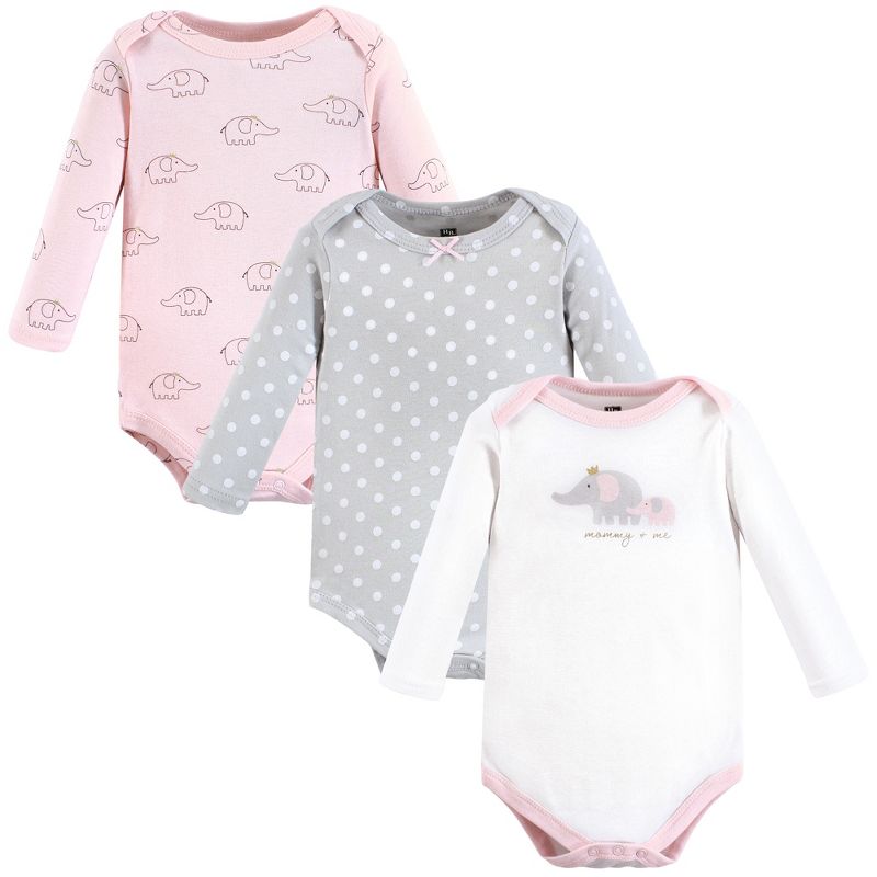 Hudson Baby Infant Girl Cotton Long-Sleeve Bodysuits, Pink Gray Elephant 3-Pack, 1 of 7