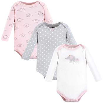 Hudson Baby Infant Girl Cotton Long-Sleeve Bodysuits, Pink Gray Elephant 3-Pack