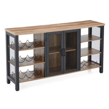 Jomeed Modern Industrial Farmhouse Metal Frame Wooden Buffet Coffee Entertainment Cabinet with Removable Liquor Bottle and Stemware Racks