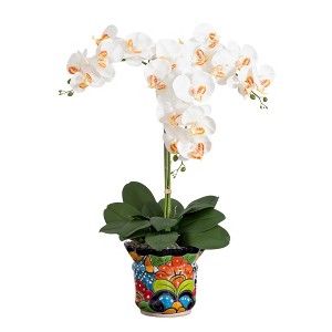 Nearly Natural 27-in Artificial Triple Orchid Arrangement in Handmade Mexican Talavera Ceramic Planter - 1 of 1