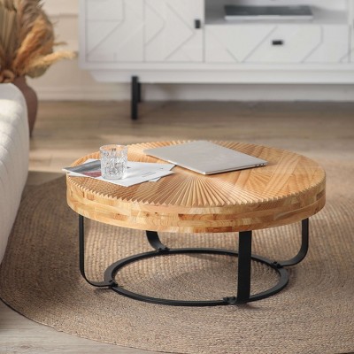 VYNXARIA Modern Round Coffee Table - Carved Pine Top with Golden Metal Legs