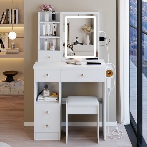 VYNXARIA 29.2" Small Size Left Drawer Desktop Vanity Table&Cushioned Stool,Hair dryer bracket,Extra Sliding Mirror,White - 1 of 4