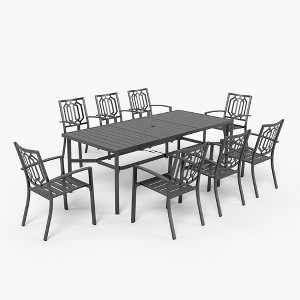 Captiva Designs 9pc Spacious Slat-top Rectangle Metal Table with Umbrella Hole & Metal Stackable Chairs - 1 of 4