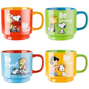 Peanuts Gentle Reminders 4-Pack 15oz Stoneware Stackable Mugs w/ Metal Rack - 1 of 4