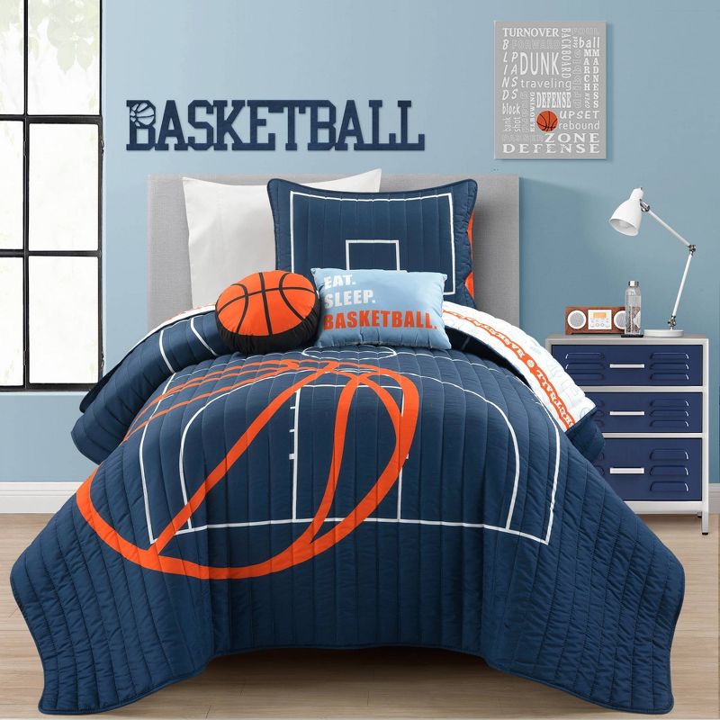 4pc Twin Kids&#39; Basketball Game Reversible Oversized Quilt Set Navy - Lush D&#233;cor, 1 of 10