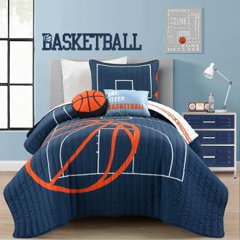 4pc Twin Kids' Basketball Game Reversible Oversized Quilt Set Navy - Lush Décor