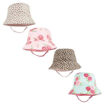 Hudson Baby Infant Girl 4Pc Sun Protection Hat, Blush Rose Leopard Mint Floral Leopard