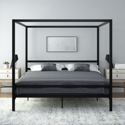 King Black Metal Canopy Bed Frame with Headboard and Slats