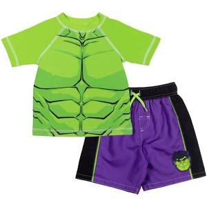 Marvel Avengers Spider-Man Captain America Hulk Iron Man Pullover Rash Guard & Swim Trunks Outfit Set Toddler to Big Kid - 1 of 4