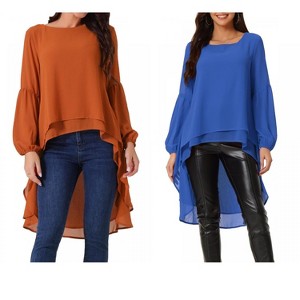 INSPIRE CHIC Women's Lantern Long Sleeve Round Neck High Low Irregular Hem Casual Blouse 2 Packs - 1 of 4