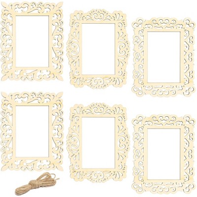 Bright Creations 6 Packs Unfinished Wood Frames with Jute String, Wooden Frame Cutout for DIY Craft Home Decoration Project, 3 Designs, 7 x 8.5 inches