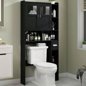 Over Toilet Storage Cabinet, Bathroom Shelf with Glass Doors and Adjustable Shelves, Black Freestanding Space Save Toilet Rack - 1 of 4