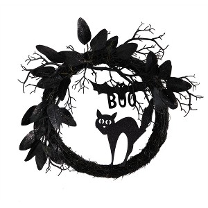 Nearly Natural 22-in Halloween Black Cat and Bat Boo Twig Wreath - 1 of 4