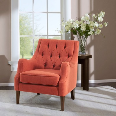 TOAOTBNBO Vintage-Inspired Accent Chair with Curved Backrest, Upholstered Fabric Arm Chair with Solid Wood Oversized Lounge Chairs for Bedroom, Red