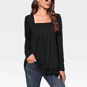 Women's Long Sleeve Tunic Tops - Plus Size Square Neck T-Shirt with Solid Color and Fall Lace Blouse,Black - XL - 1 of 4