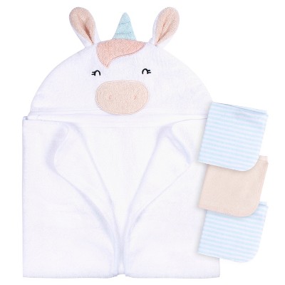 Gerber Baby Grey Elephant Hooded Bath Towel & Washcloths, One Size Fits Most, 4-Piece Set