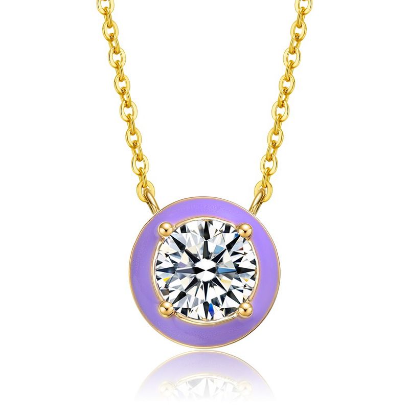 Guili 14k Yellow Gold with Clear Cubic Zirconia Solitaire Purple Enamel Petite Halo Pendant Layering Necklace., 1 of 3