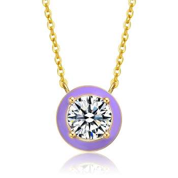 Guili 14k Yellow Gold with Clear Cubic Zirconia Solitaire Purple Enamel Petite Halo Pendant Layering Necklace.