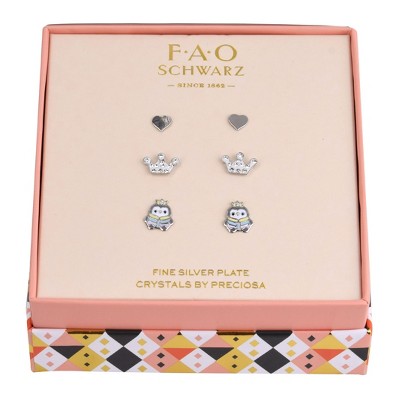 FAO Schwarz Holiday Heart, Crown and Penguin Stud Trio Earring Set