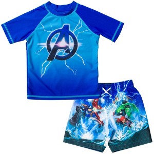 Marvel Avengers Spider-Man Captain America Hulk Iron Man Pullover Rash Guard & Swim Trunks Outfit Set Toddler to Big Kid - 1 of 4