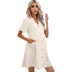 Clearlove Summer Dress Casual Lantern Sleeve V Neck Button Dress Swing Flowy Maternity Dresses - 1 of 4