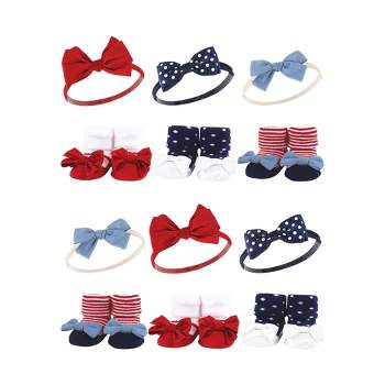 Hudson Baby Infant Girl 12Pc Headband and Socks Giftset, Red Chambray, One Size