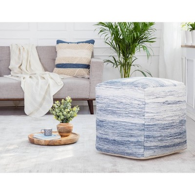 Bar Harbor 21" Blue and Ivory Cotton Pouf Ottoman