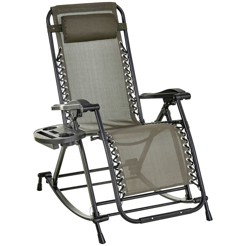 Outsunny Outdoor Rocking Chairs, Foldable Reclining Anti Gravity Lounge Rocker w/ Pillow, Cup & Phone Holder, Combo Design w/ Folding Legs, Gray, 1 of 11