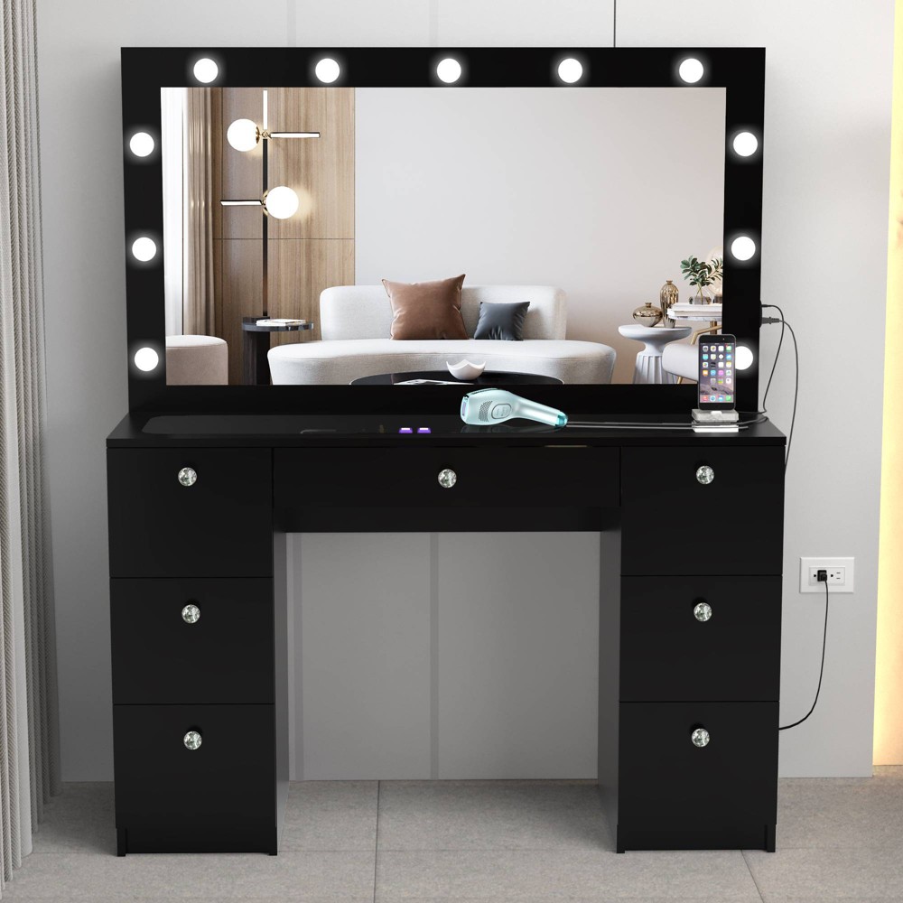 Photos - Bedroom Set Ananke Lighted Crystal Knobs Makeup Vanity Black - Boahaus