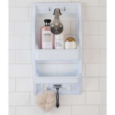 White Plastic Suction Mount Shower Organizer with Hooks